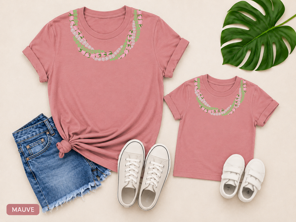 Pakalana Pikake Lokelani Twist Lei Mommy and Mini matching shirts in mauve