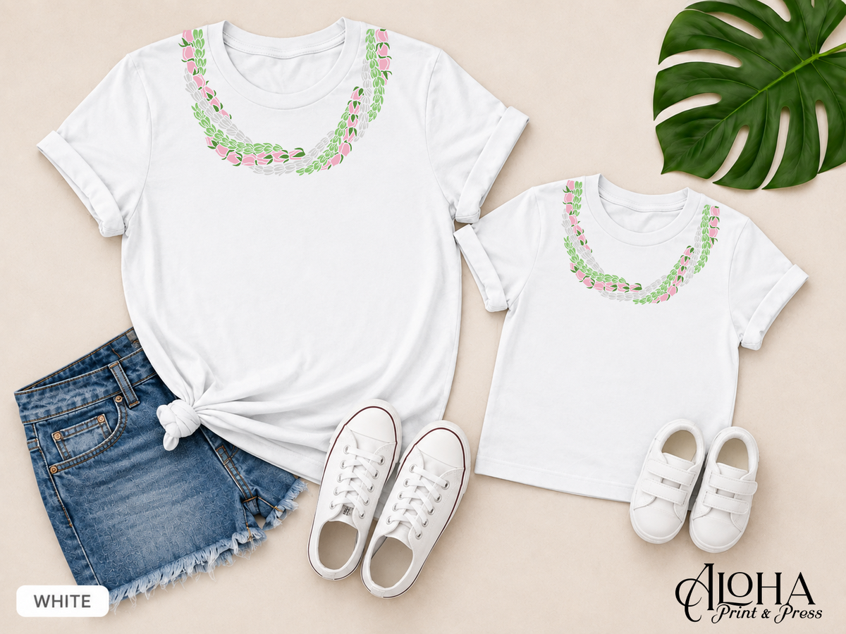 Pakalana Pikake Lokelani Twist Lei Mommy and Mini matching shirts in white
