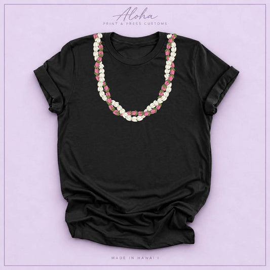 Black T-shirt featuring a Pikake and Lokelani lei design on Aloha Print & Press Customs branded background