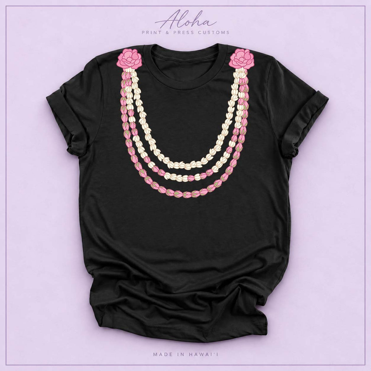 Black Pikake Lei Graphic T-Shirt – Hawaiian Lokelani Flower Lei Shirt