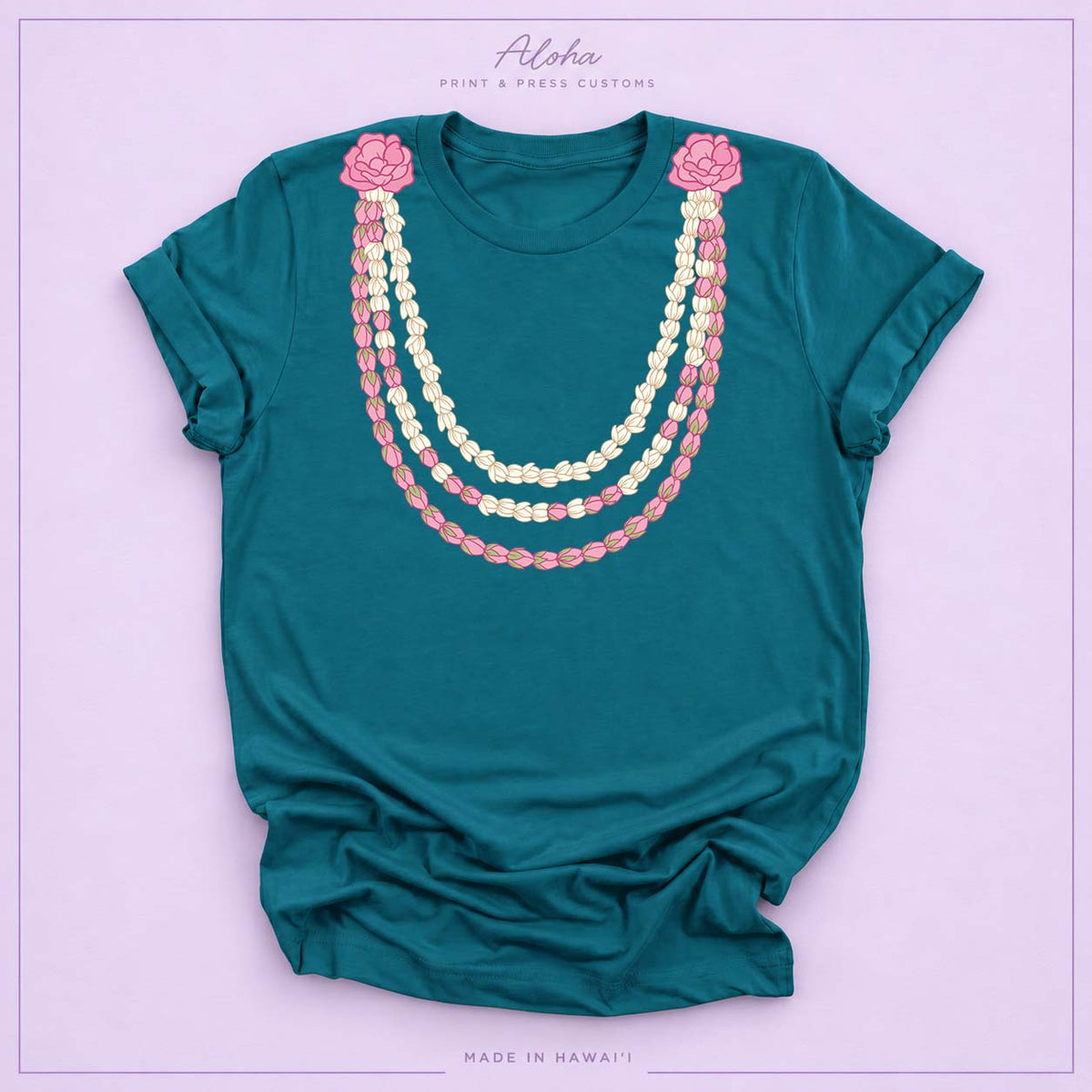 Deep Teal Pikake Lei Graphic T-Shirt – Hawaiian Lokelani Flower Lei Shirt