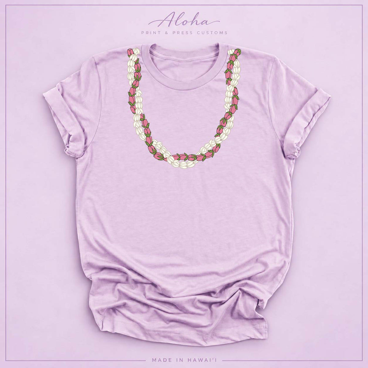 Lilac T-shirt featuring a Pikake and Lokelani lei design on Aloha Print & Press Customs branded background