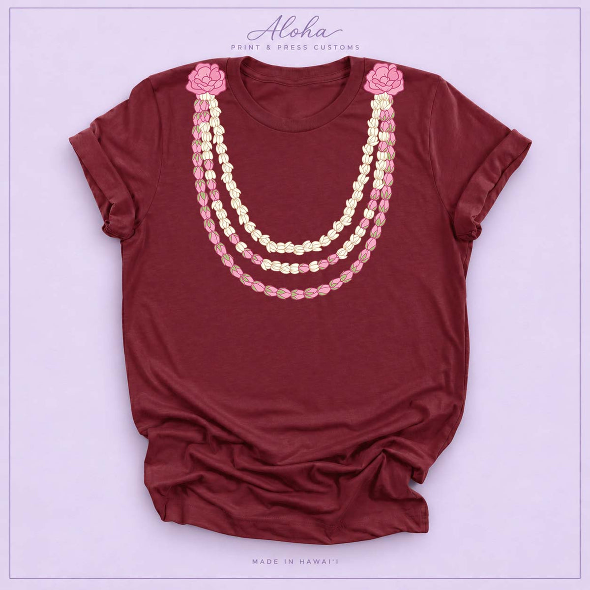 Maroon Pikake Lei Graphic T-Shirt – Hawaiian Lokelani Flower Lei Shirt