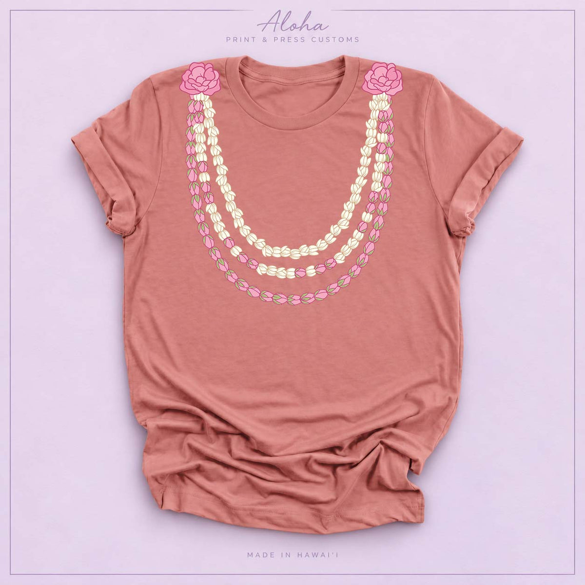 Mauve Pikake Lei Graphic T-Shirt – Hawaiian Lokelani Flower Lei Shirt