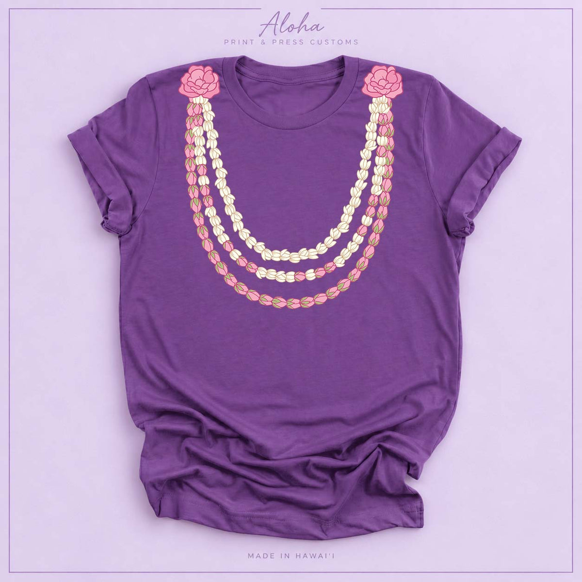 Royal Purple Pikake Lei Graphic T-Shirt – Hawaiian Lokelani Flower Lei Shirt