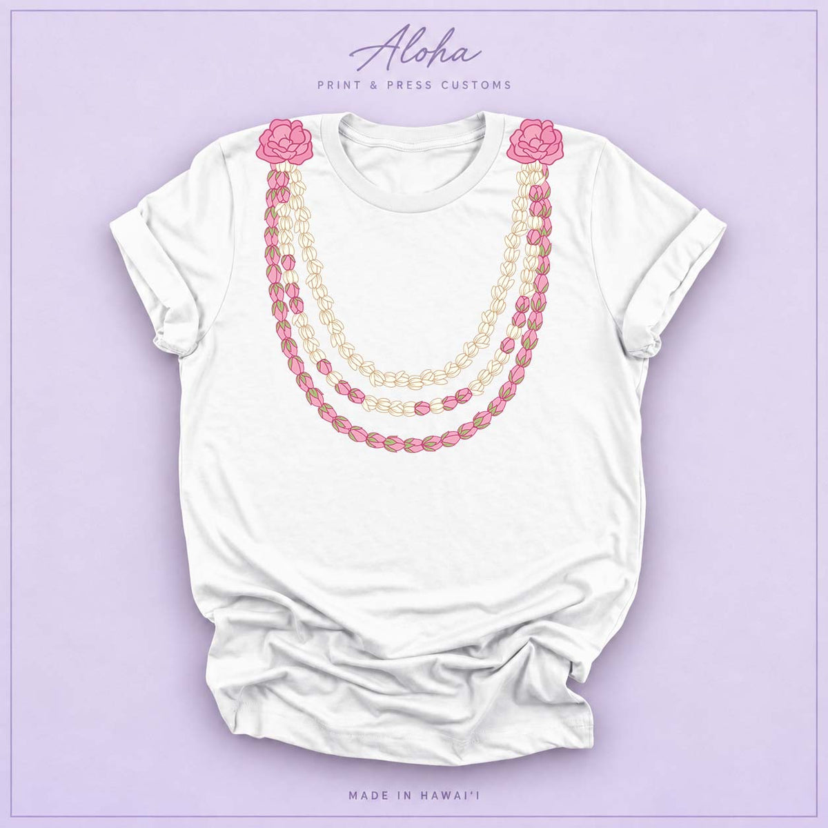 White Pikake Lei Graphic T-Shirt – Hawaiian Lokelani Flower Lei Shirt