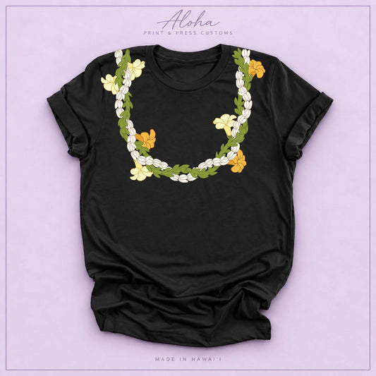 Black T-shirt with Pikake, Pakalana, and Puakenikeni lei design on Aloha Print & Press Customs branded background