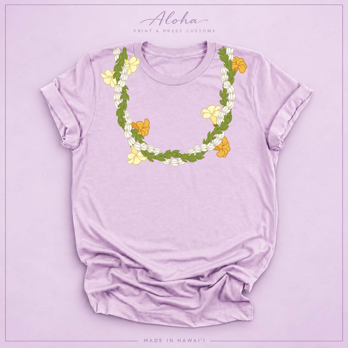 Lilac T-shirt with Pikake, Pakalana, and Puakenikeni lei design on Aloha Print & Press Customs branded background