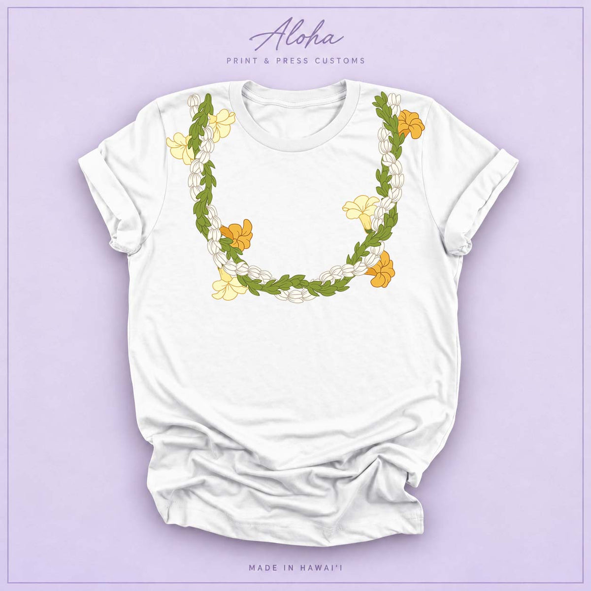 White T-shirt with Pikake, Pakalana, and Puakenikeni lei design on Aloha Print & Press Customs branded background