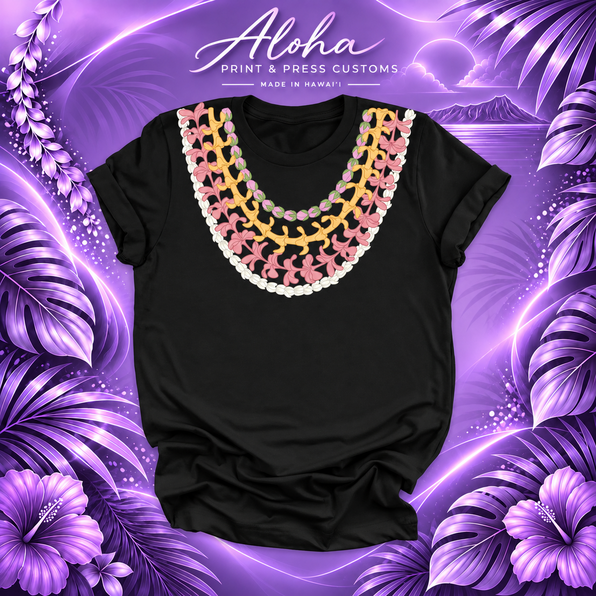 Pikake, Plumeria, Puakenikeni and Lokelani Hawaiian lei shirt in black