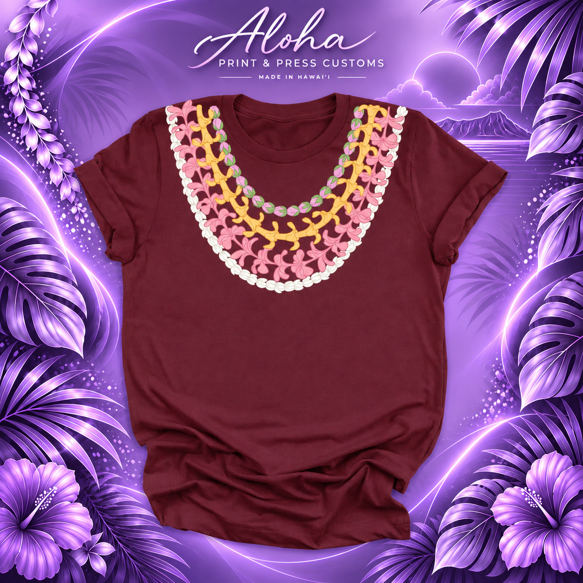 Pikake, Plumeria, Puakenikeni and Lokelani Hawaiian lei shirt in maroon