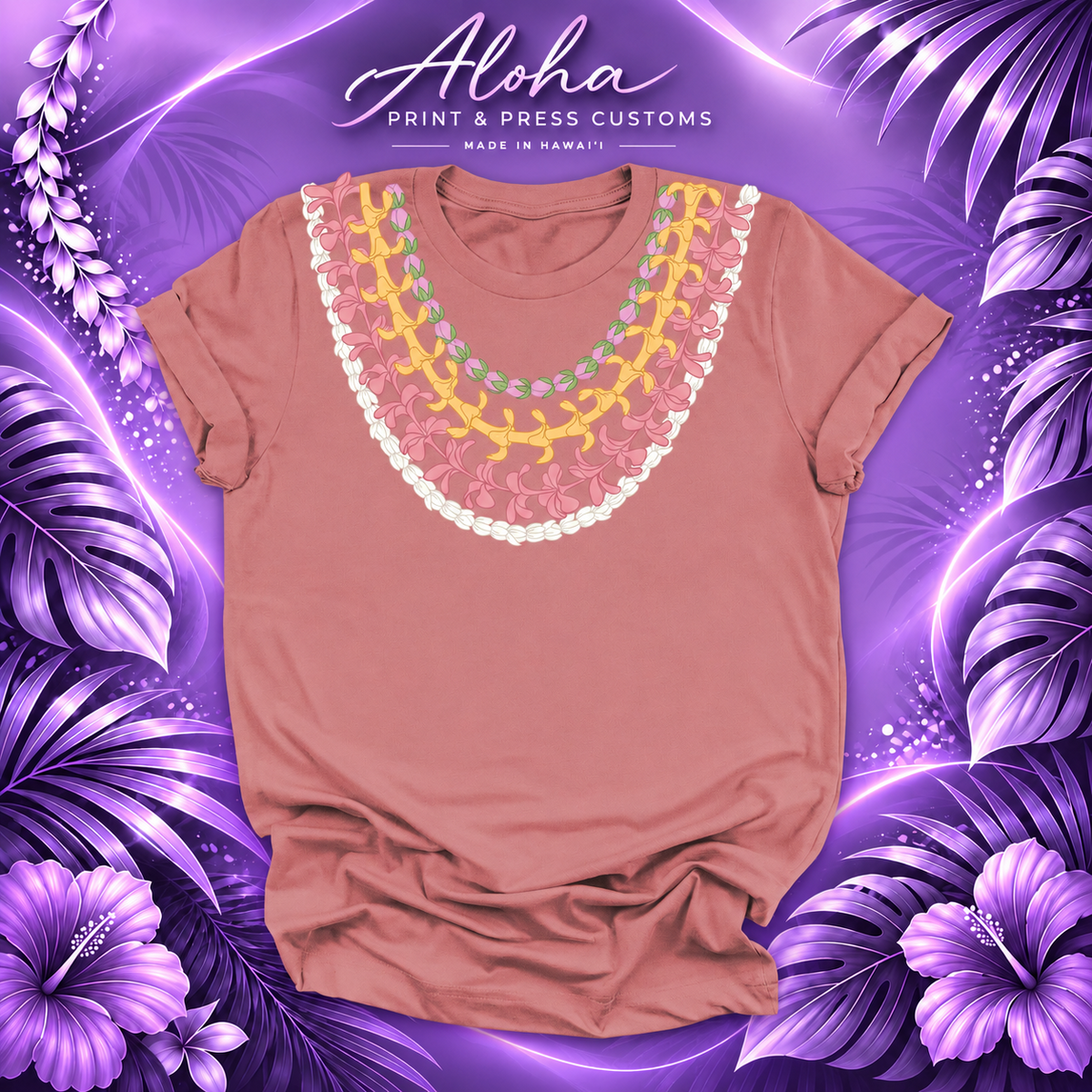 Pikake, Plumeria, Puakenikeni and Lokelani Hawaiian lei shirt in mauve
