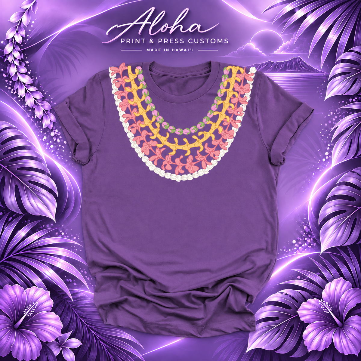 Pikake, Plumeria, Puakenikeni and Lokelani Hawaiian lei shirt in purple