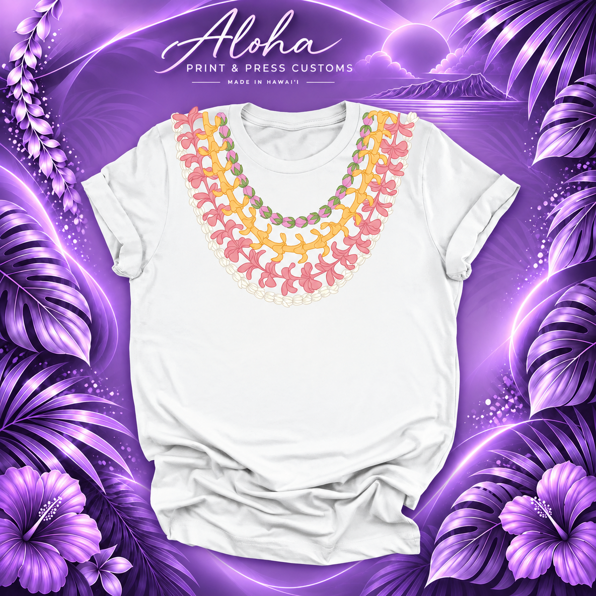 Pikake, Plumeria, Puakenikeni and Lokelani Hawaiian lei shirt in white