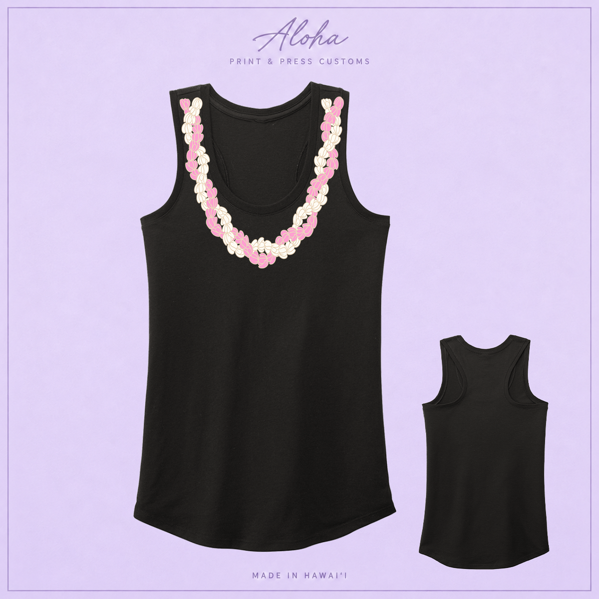 Black racerback tank with a pink and ivory Pikake Twist lei print on the front, shown front and back.