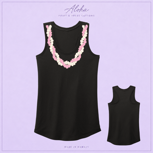 Black racerback tank with a pink and ivory Pikake Twist lei print on the front, shown front and back.