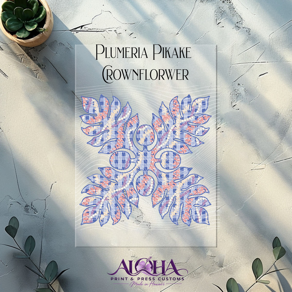 Plumeria, Pikake, Crown Flower Palaka Quilt design in blue