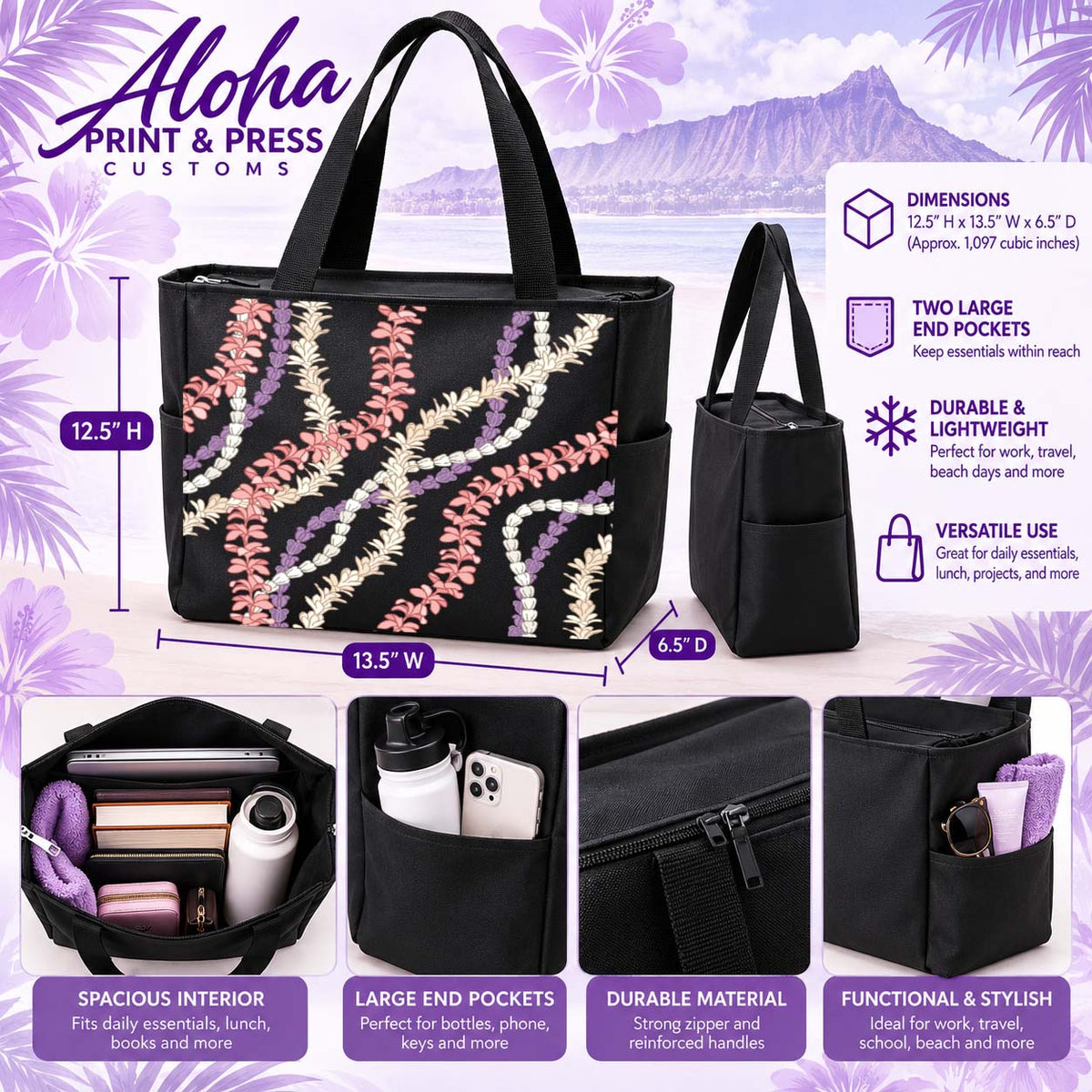 Plumeria and Cornflower Hawaiian lei tote bag in black