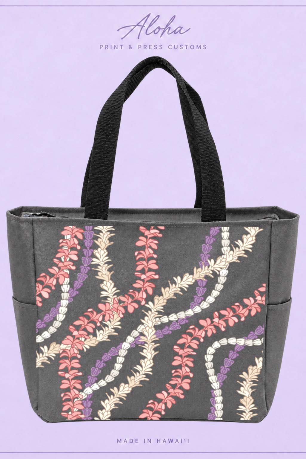 Plumeria and Cornflower Hawaiian lei tote bag in dark charcoal