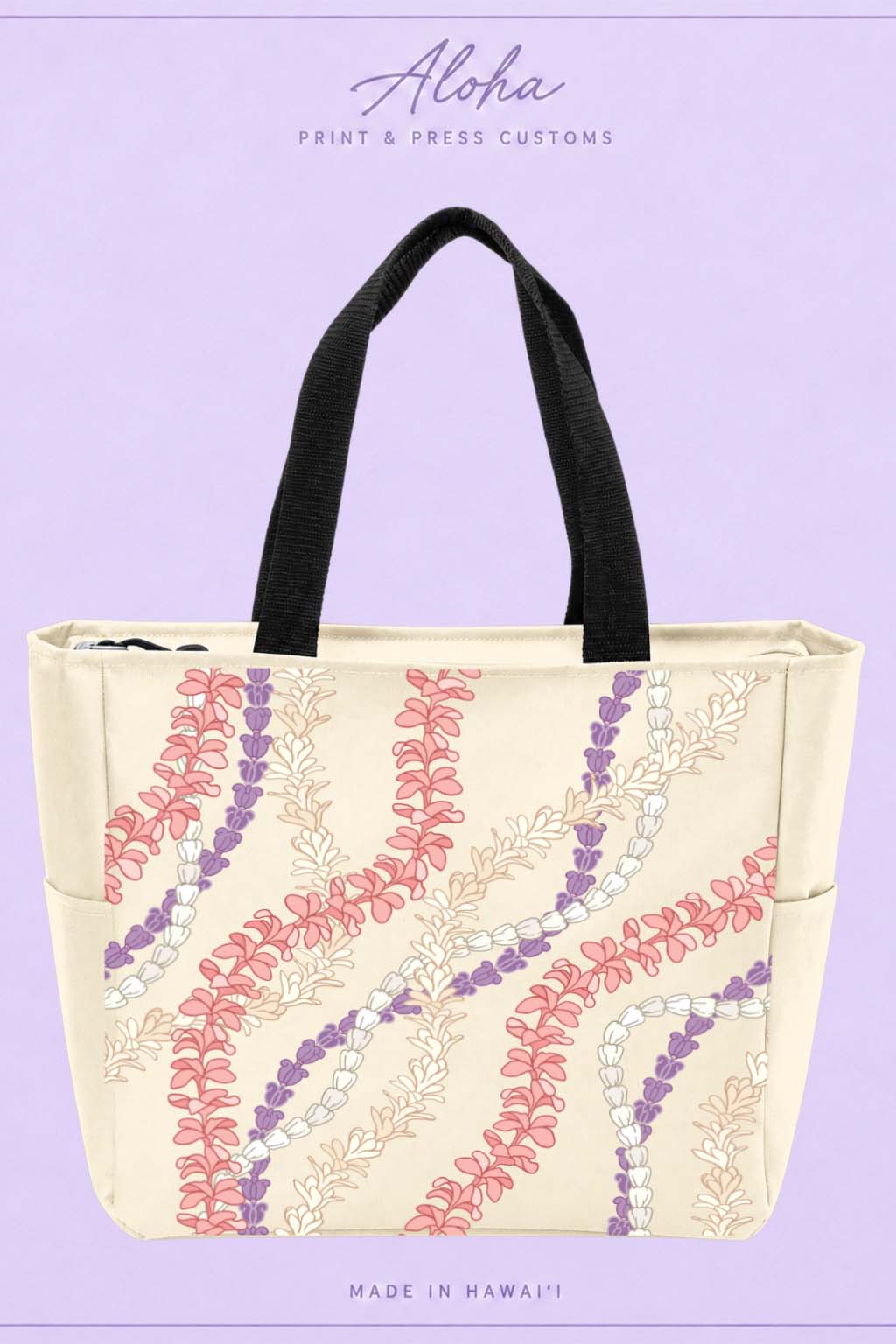 Plumeria and Cornflower Hawaiian lei tote bag in stone
