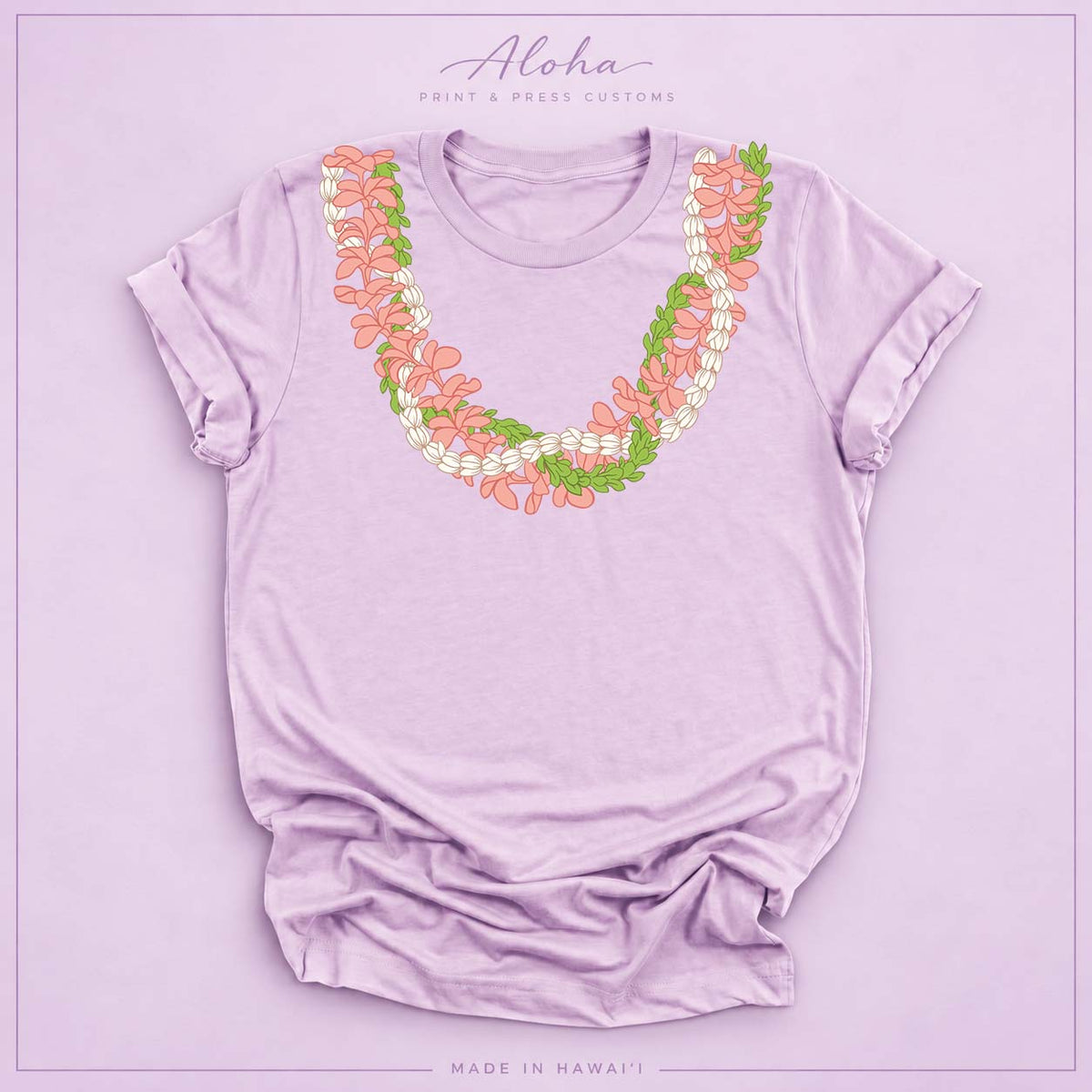 Lilac T-shirt featuring a Plumeria and Pikake lei design