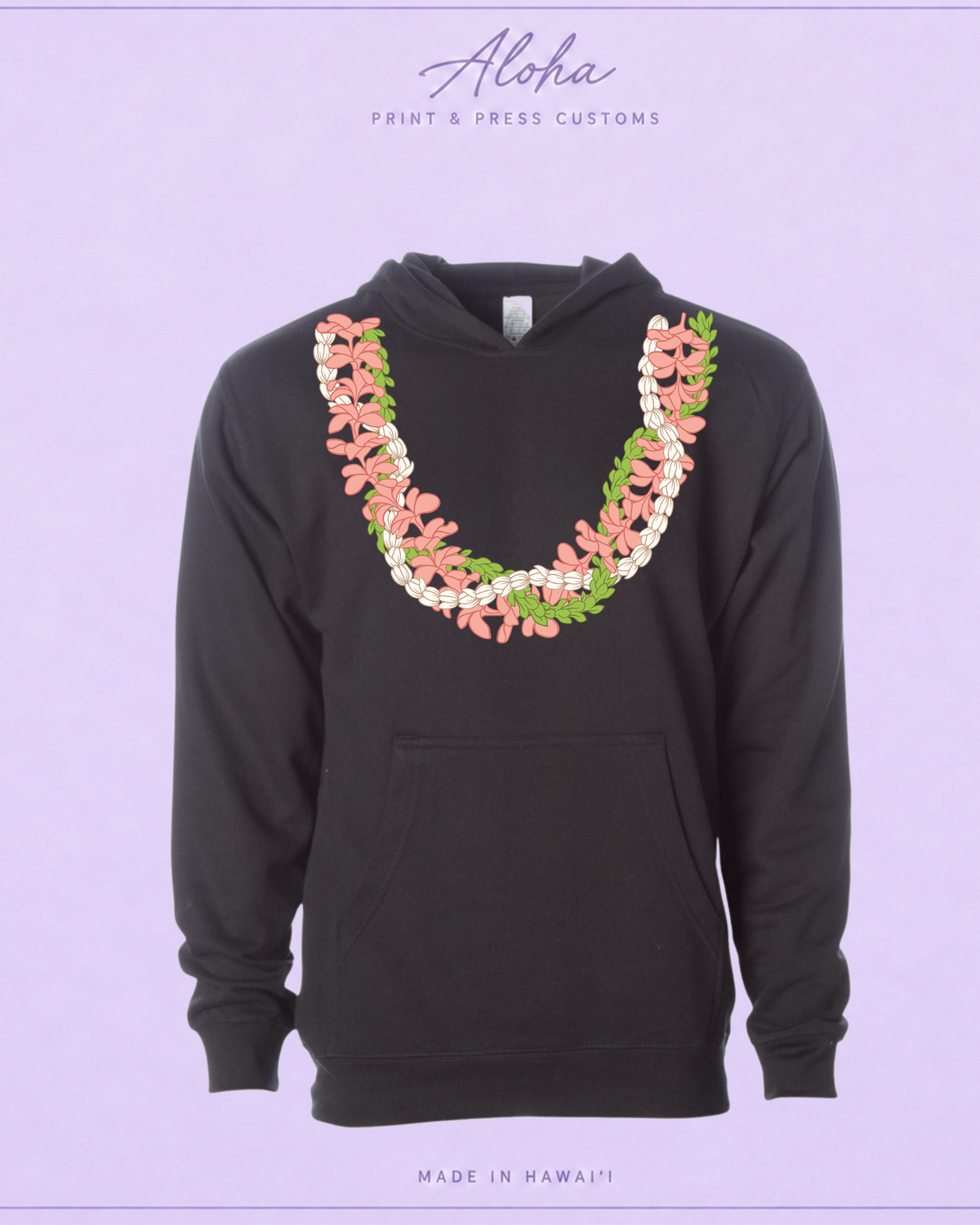 Black Plumeria, Pikake and Pakalana Hawaiian lei hoodie by Aloha Print & Press Customs