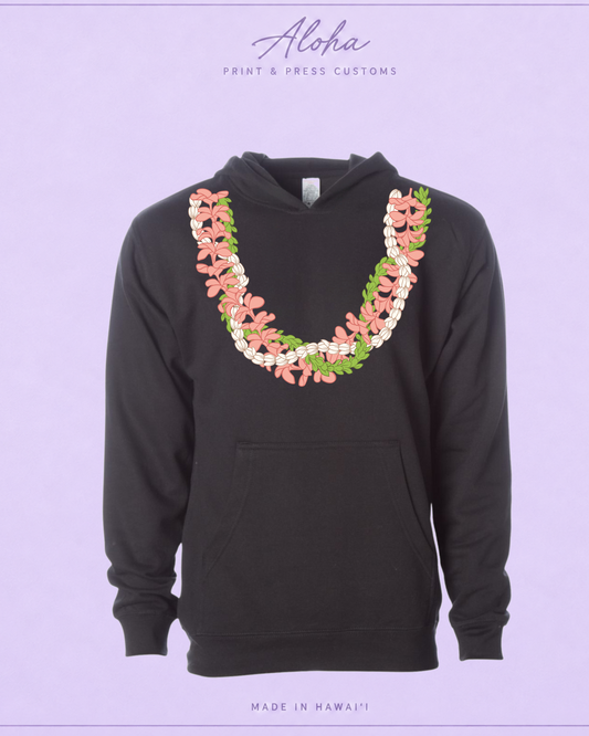 Black Plumeria, Pikake and Pakalana Hawaiian lei hoodie by Aloha Print & Press Customs