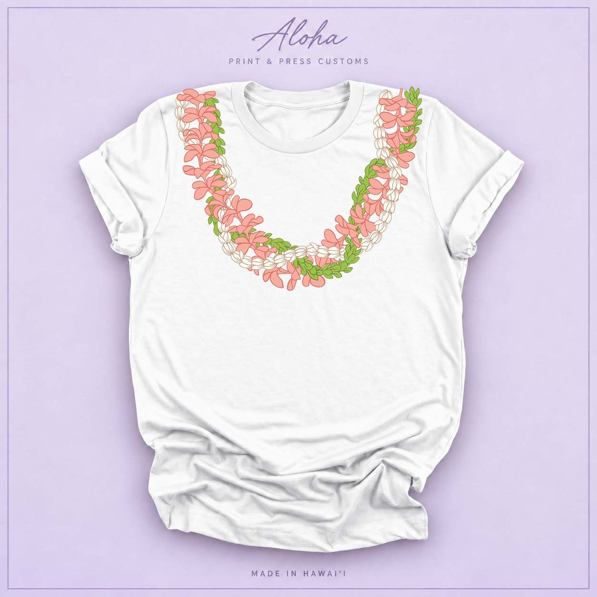 White T-shirt featuring a Plumeria and Pikake lei design