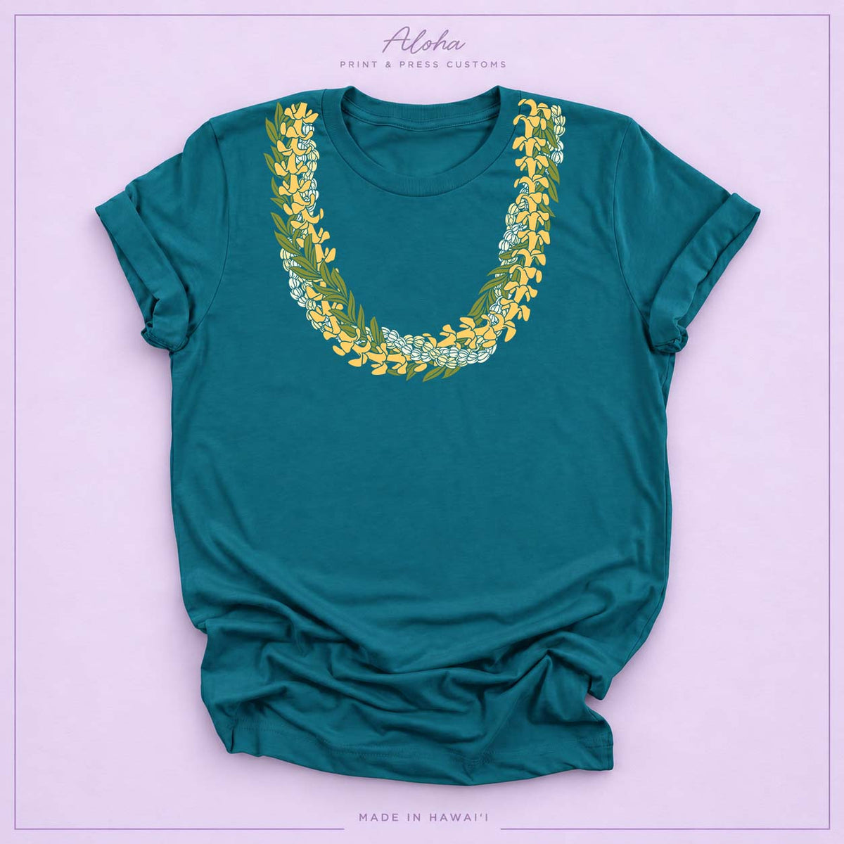 Deep teal T-shirt with Puakenikeni, Maile, and Double Pikake lei design on Aloha Print & Press Customs branded background