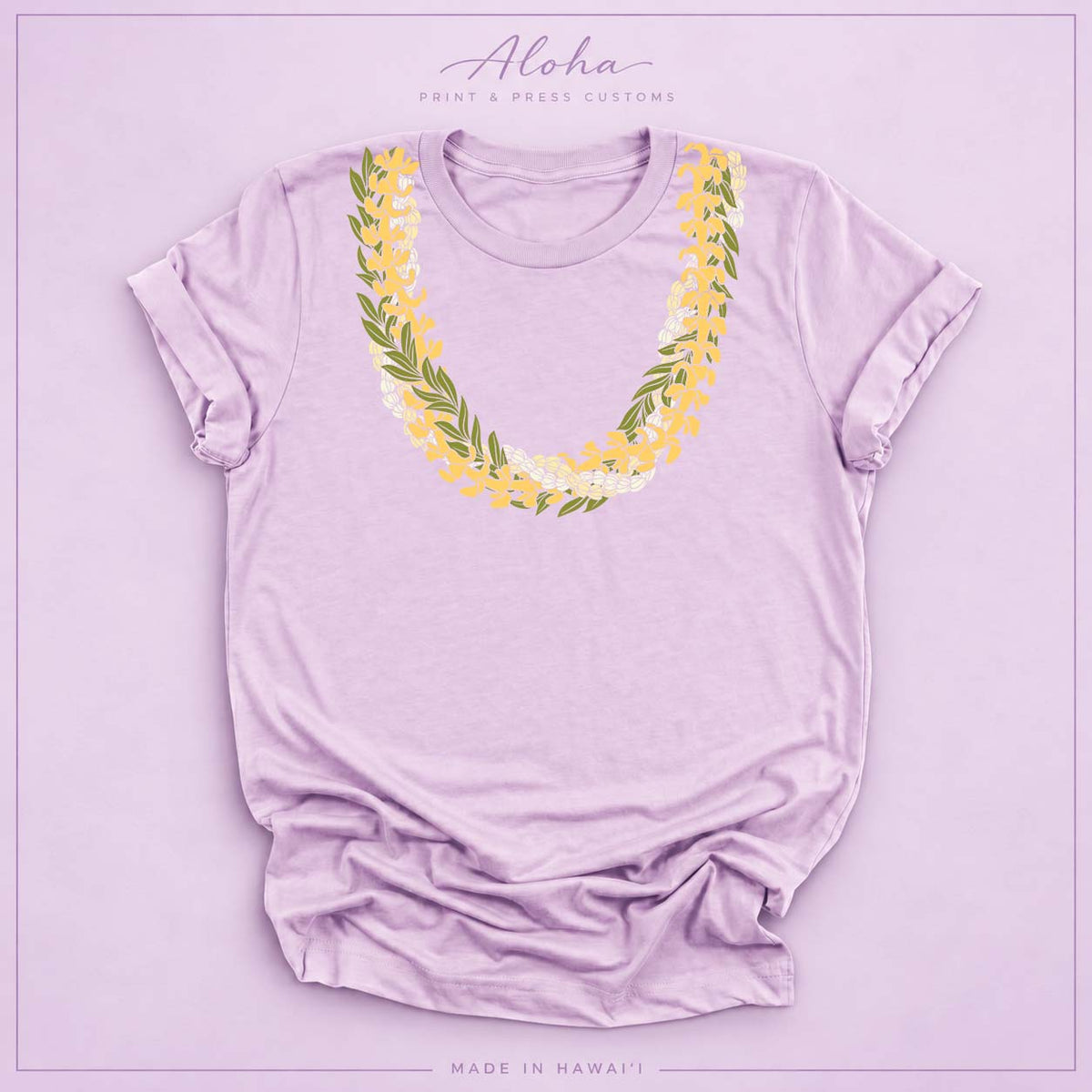 Lilac T-shirt with Puakenikeni, Maile, and Double Pikake lei design on Aloha Print & Press Customs branded background