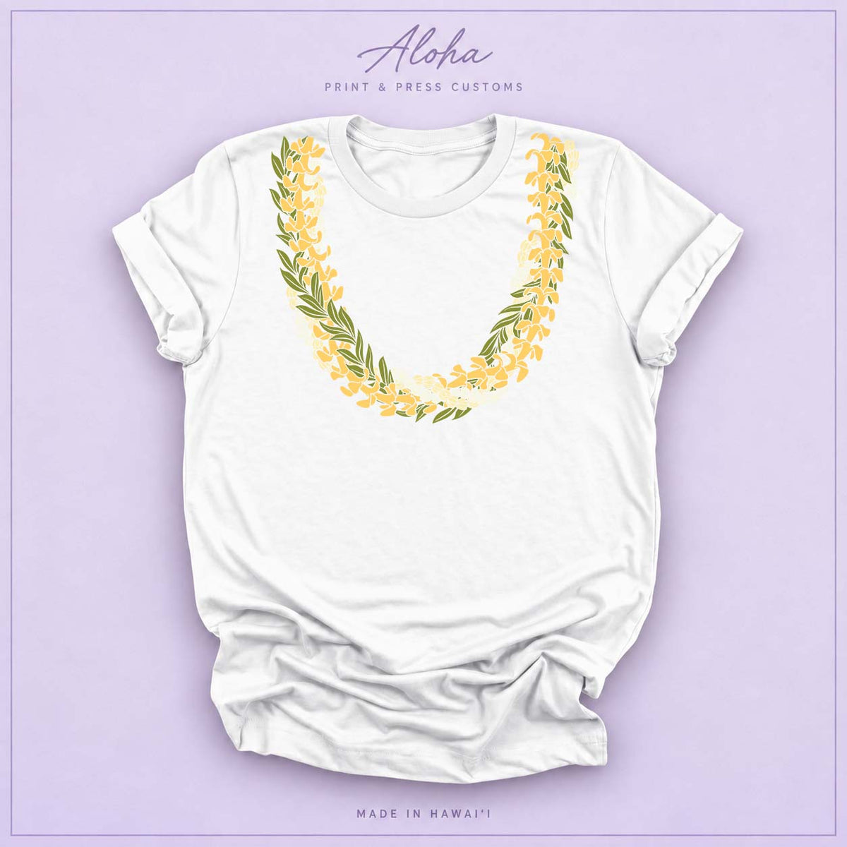 White T-shirt with Puakenikeni, Maile, and Double Pikake lei design on Aloha Print & Press Customs branded background