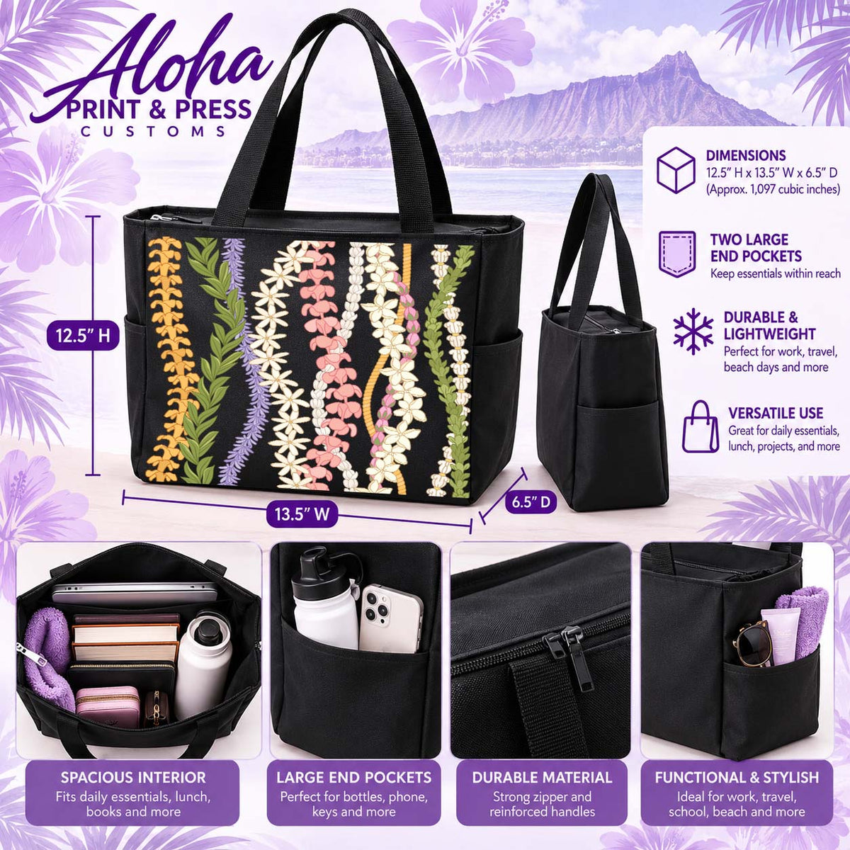 Puakenikeni Maile Naupaka Pikake Plumeria Hawaiian tote bag in black