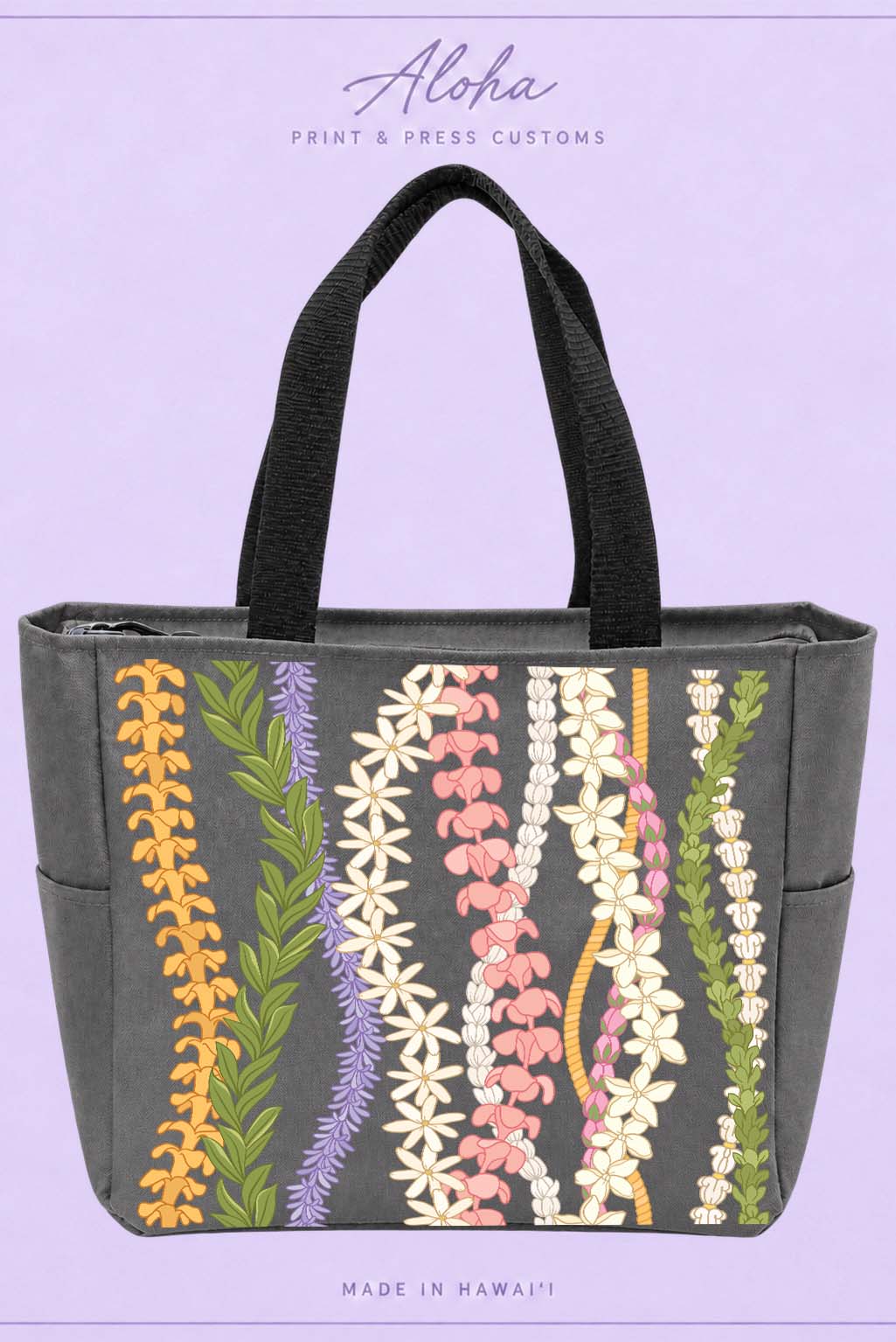 Puakenikeni Maile Naupaka Pikake Plumeria Hawaiian tote bag in charcoal