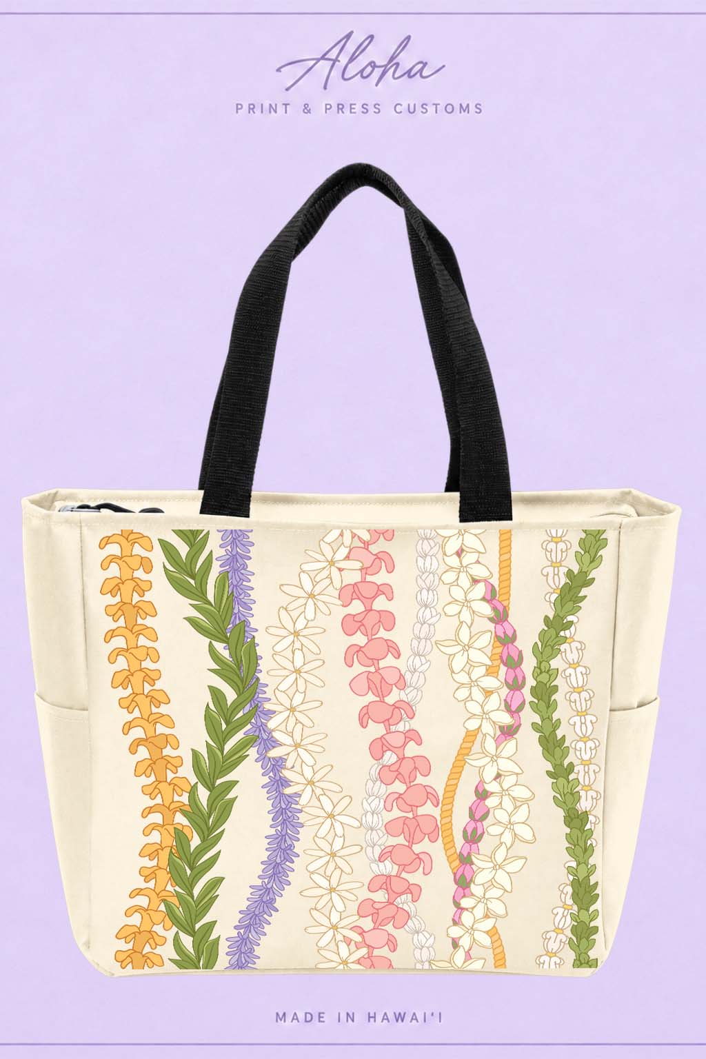 Puakenikeni Maile Naupaka Pikake Plumeria Hawaiian tote bag in stone