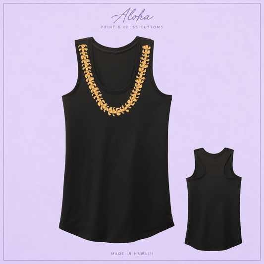 Black racerback tank with a single golden-orange Puakenikeni lei print on the front, shown front and back.