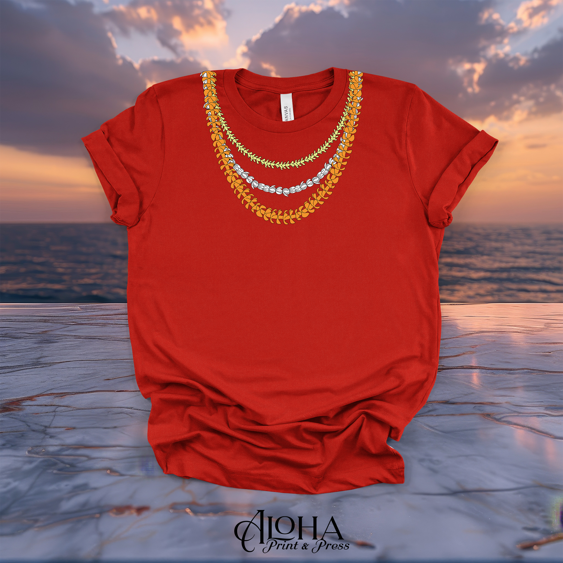Bright red crewneck t-shirt featuring a detailed Hawaiian floral necklace graphic.