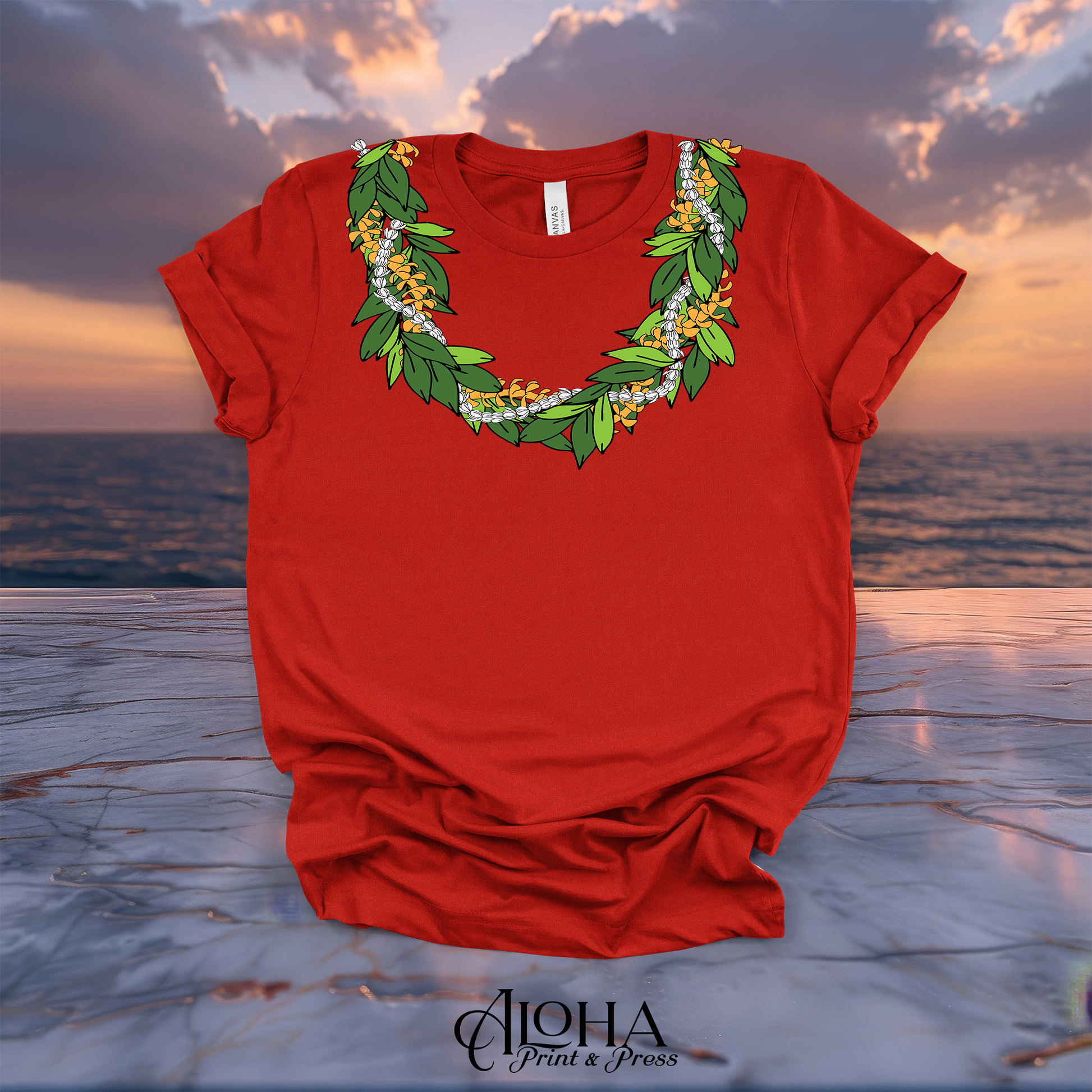 Red Hawaiian lei graphic T-shirt with green maile leaves, puakenikeni flowers and white pikake blossoms