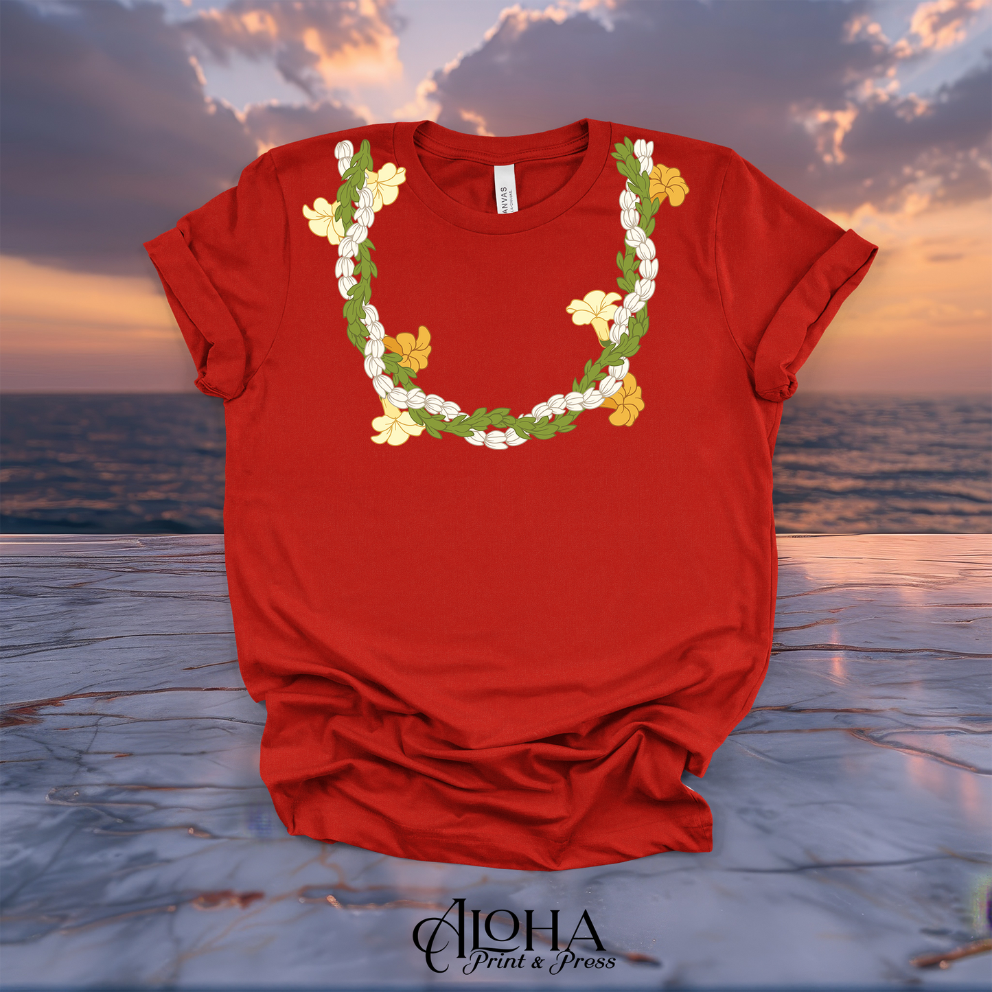 Bright red retail fit short sleeve tee decorated with a vibrant Pikake, Pakalana, and Puakenikeni flower lei neckline graphic