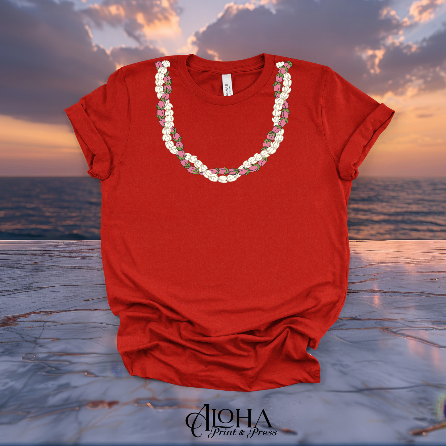Vibrant red retail fit t shirt featuring a digitally printed Hawaiian Pikake and Lokelani rose floral lei necklace design
