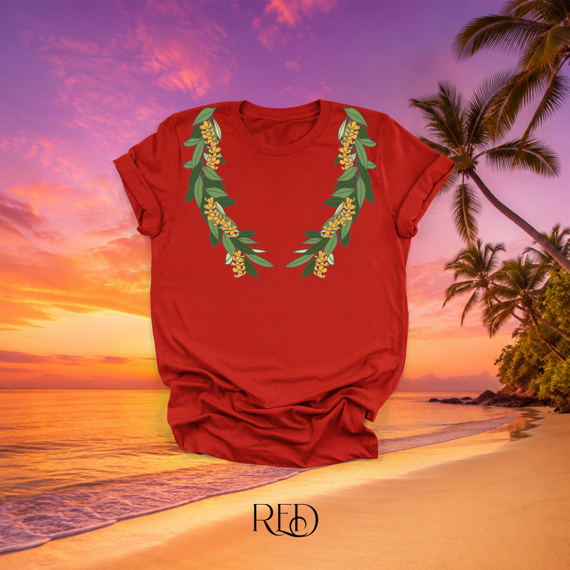 Red Hawaiian flower t-shirt with maile and puakenikeni lei design