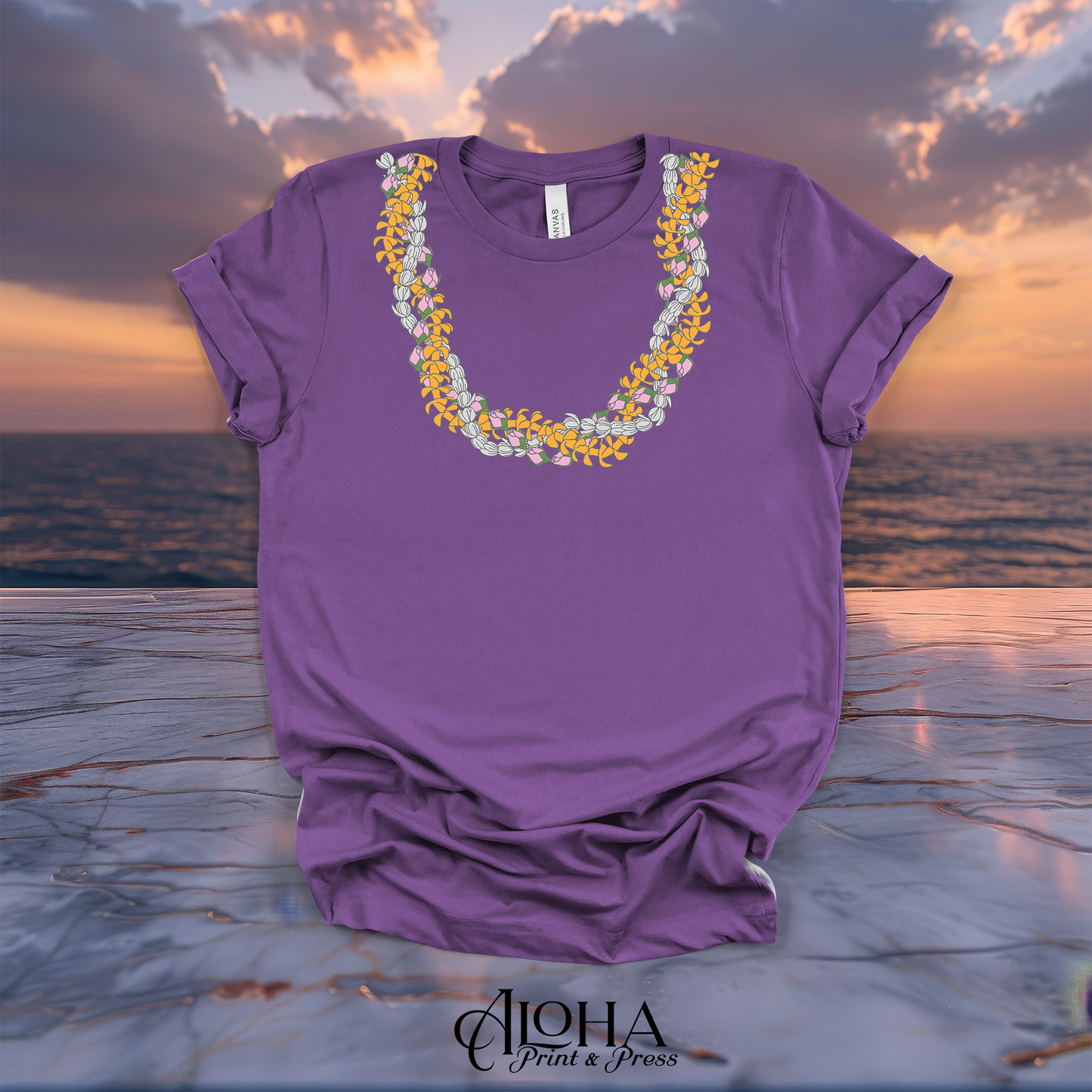 Royal Purple graphic t-shirt featuring bright golden, white, and pink Hawaiian flower lei illustrations.