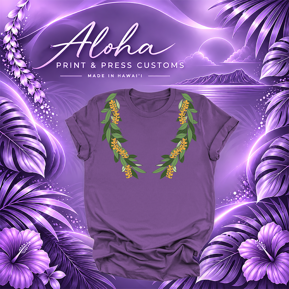 Royal purple T-shirt featuring a Maile and Puakenikeni lei design
