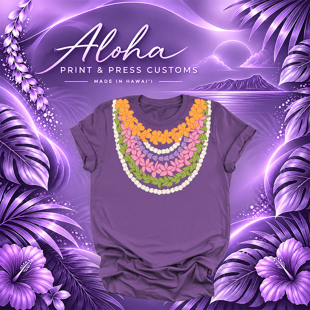 Royal purple T-shirt featuring a multi-strand Hawaiian lei design