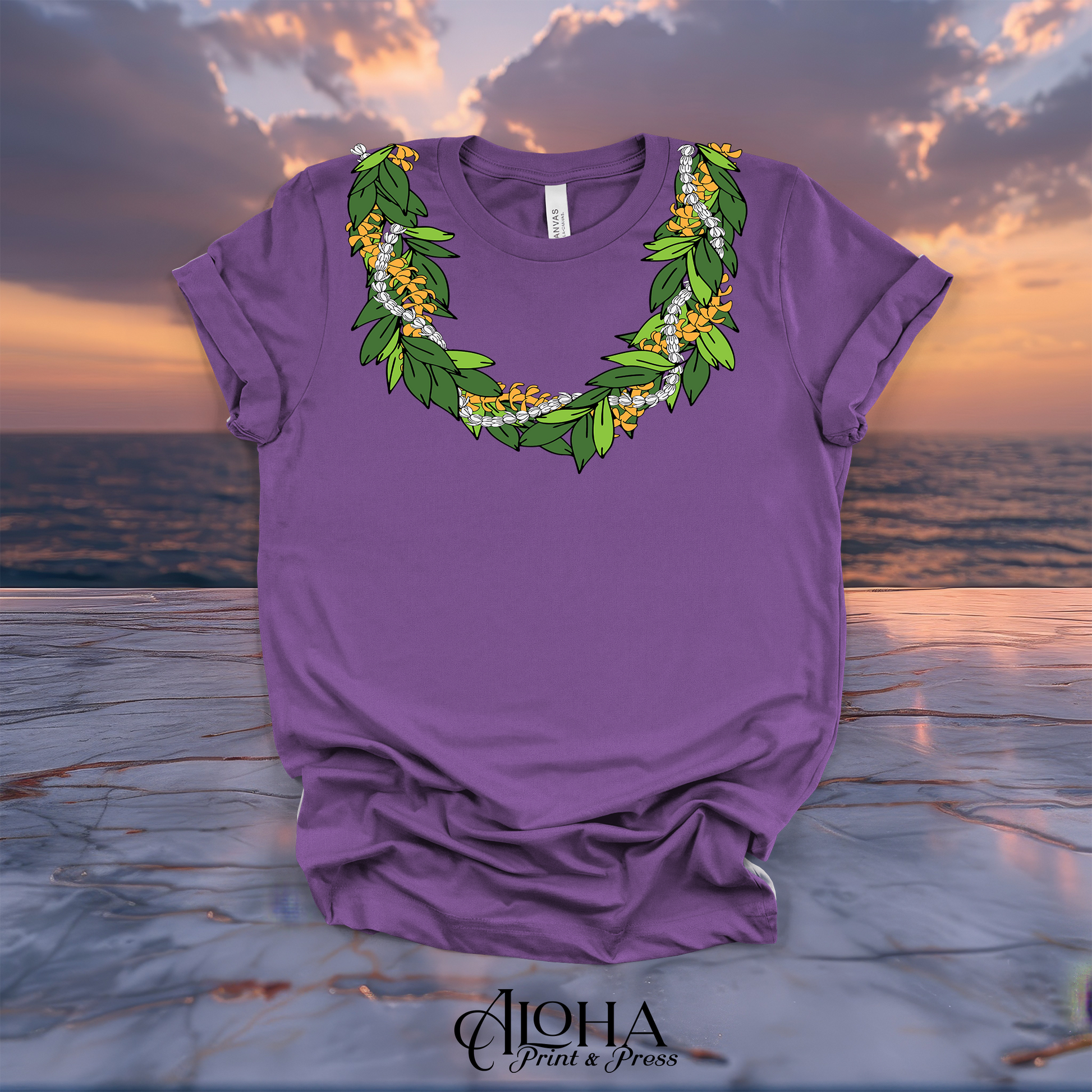 Royal purple Maile puakenikeni pikake lei T-shirt featuring a Hawaiian floral neckline graphic