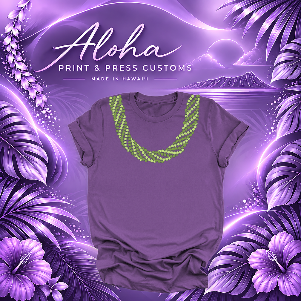 Royal purple T-shirt featuring a Mokihana lei design