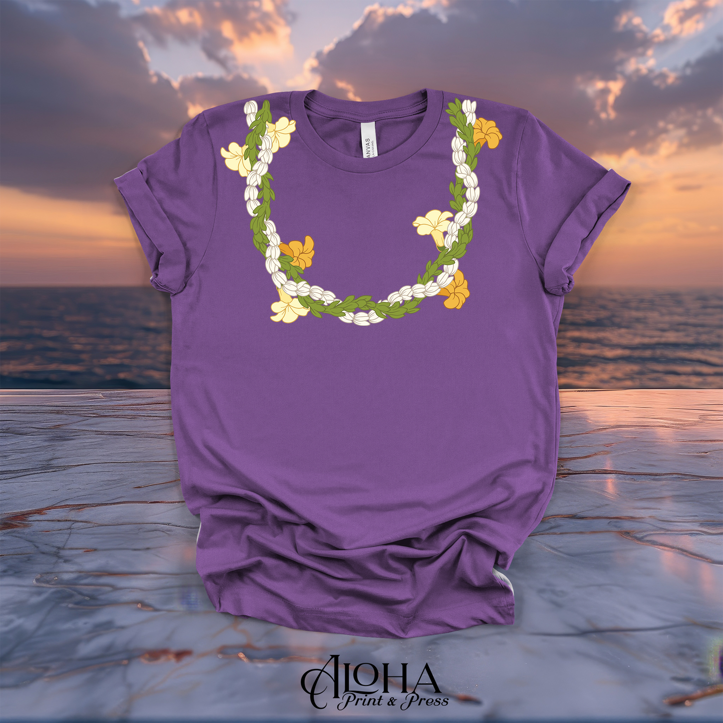 Royal purple custom printed t-shirt displaying a multi-flower Hawaiian Pikake, Pakalana, and Puakenikeni lei pattern around the neck