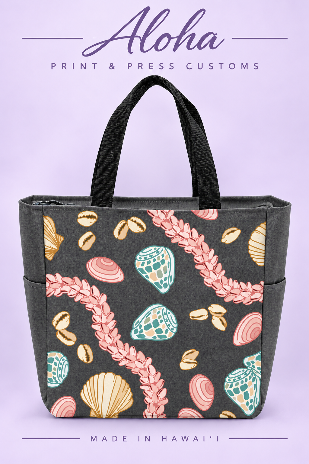Seashell Hawaiian zippered tote bag in charcoal