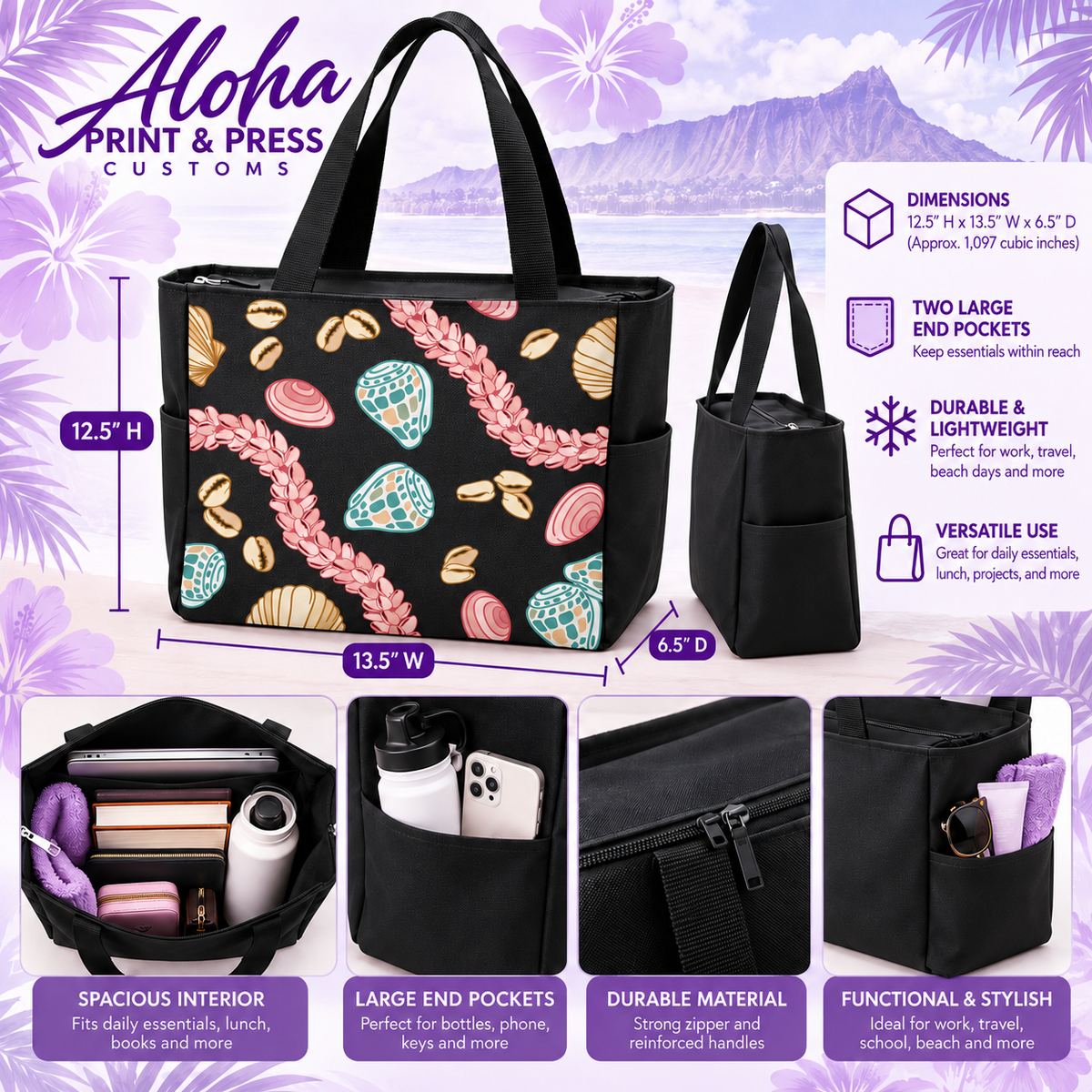 Seashell Hawaiian zippered tote bag product details