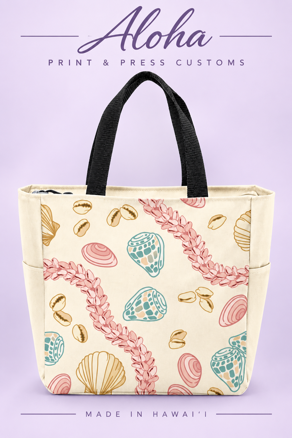 Seashell Hawaiian zippered tote bag in stone