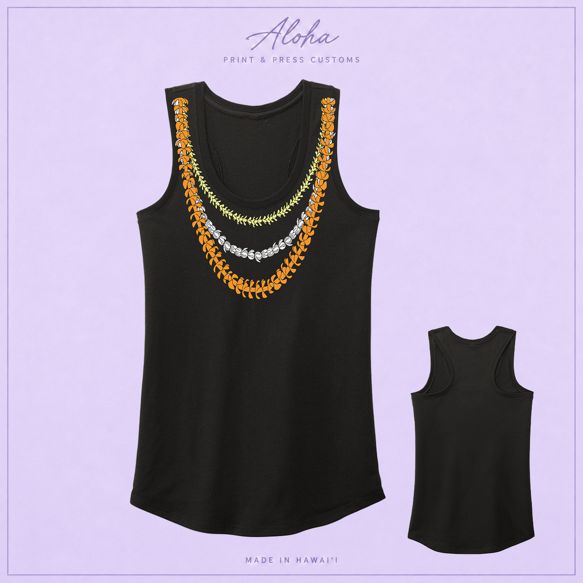 Front and back of a black tri-blend racerback tank with a three-strand Puakenikeni, Pikake, and Pakalana lei print.
